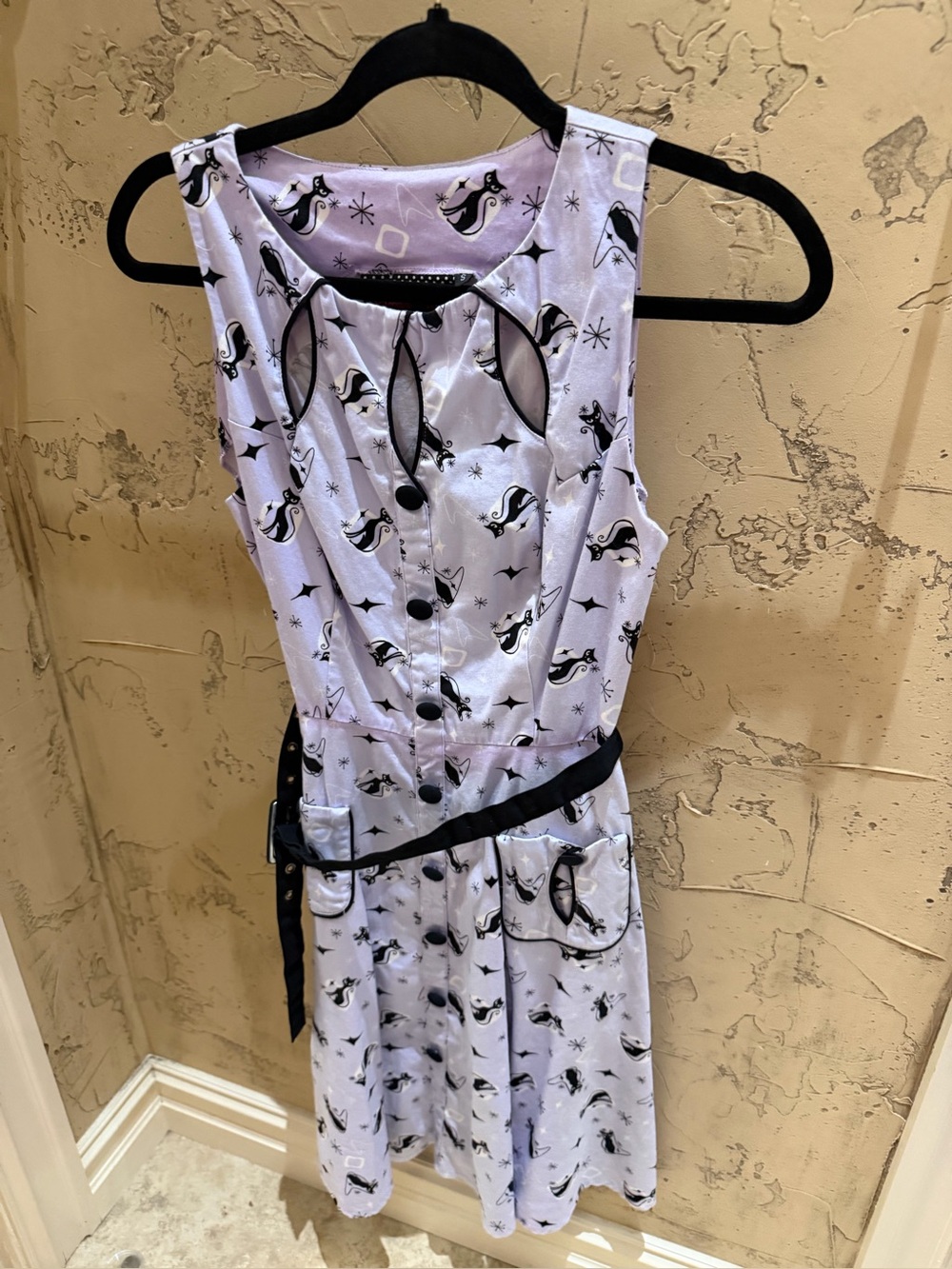 Voodoo Vixen Black Cat Print A-Line Dress in Light Lavender